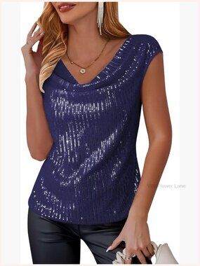 Sparkly Sequin Cowl Neck Cap Sleeve Blouse Party Top